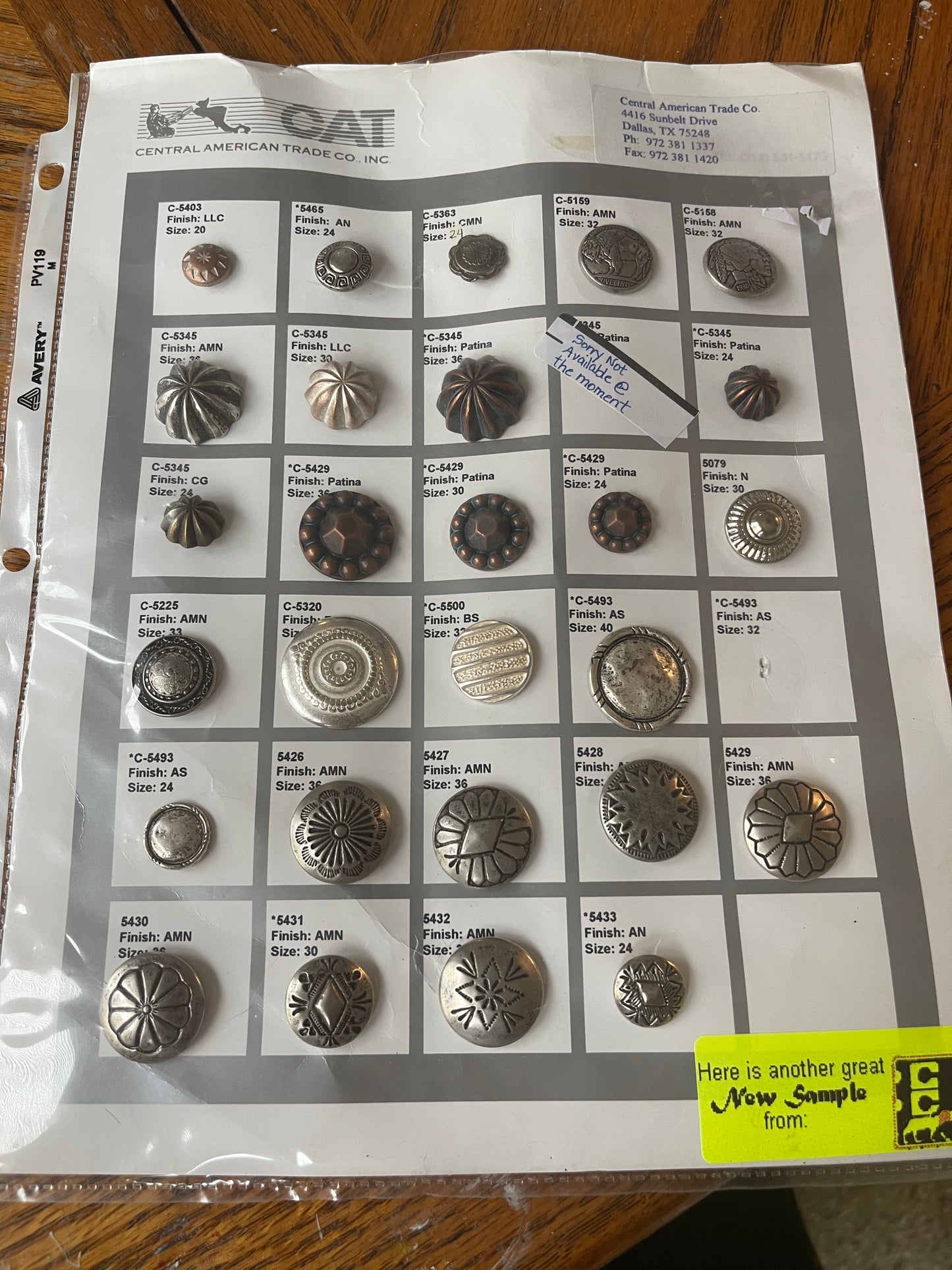 Salesman sample button sheet